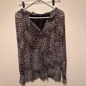 Leopard Print Long Sleeve V-Neck Blouse - Black & Brown